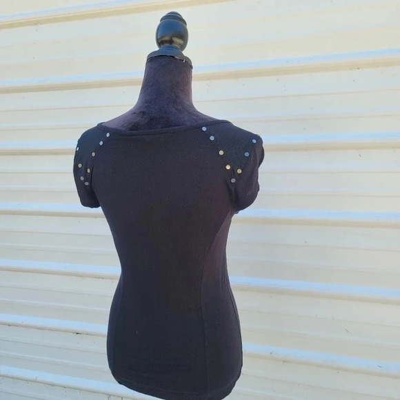 Rock & Republic Studded Womens S Scoop Neck Shirt Black Mesh Inserts - Picture 9 of 10